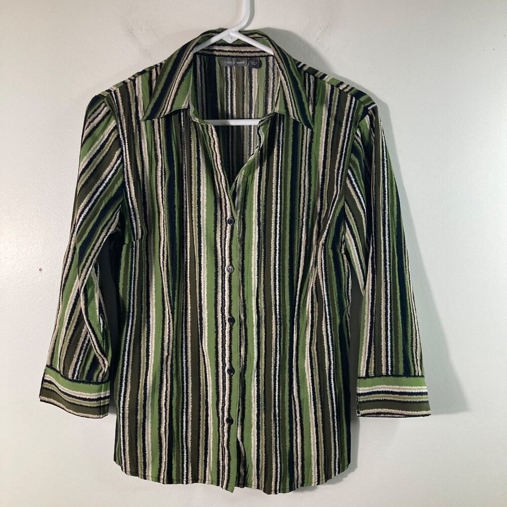 Womens Apt 9 Retro Vibe Stretch Striped Button Shirt M Green Black Tan